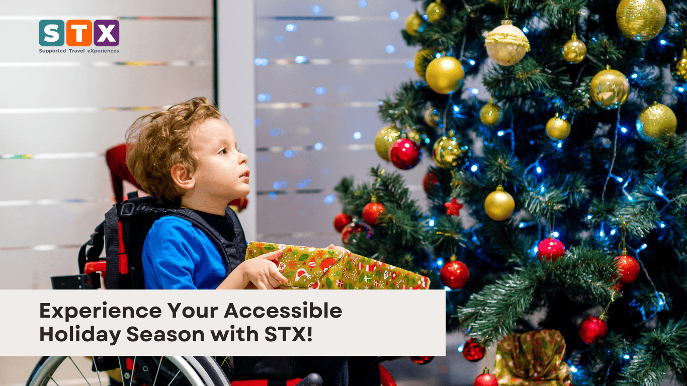 Kid in a wheelchair in front of a Christmas tree, holiday.